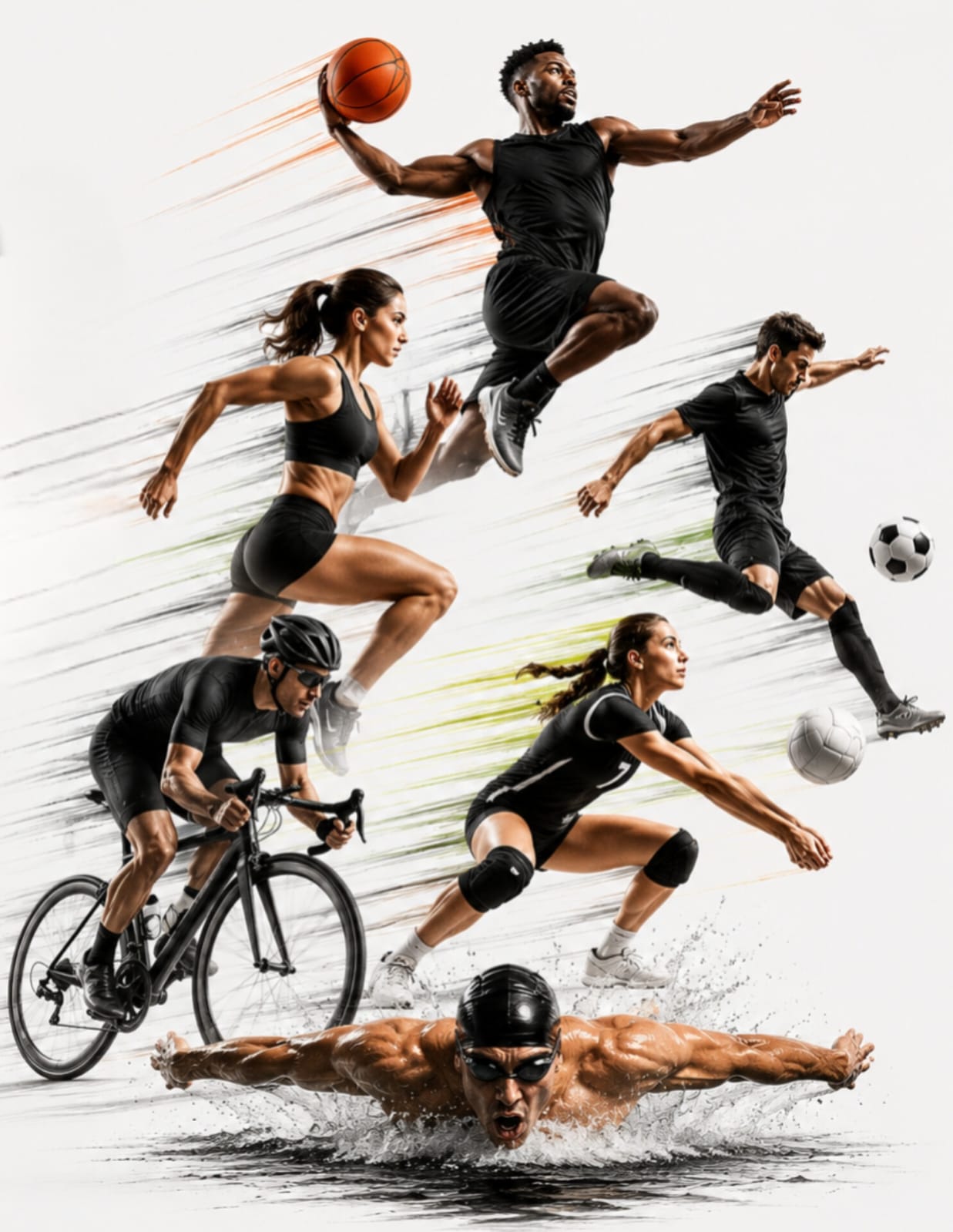 Pessoas praticando corrida, ciclismo, basquete, futebol, vôlei e natação